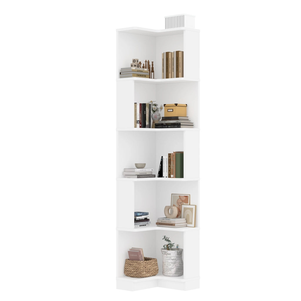 Libreria angolare con LED regolabili via app e 5 ripiani, per studio e ufficio, in MDF, bianco, 63,5 × 45 × 175 cm