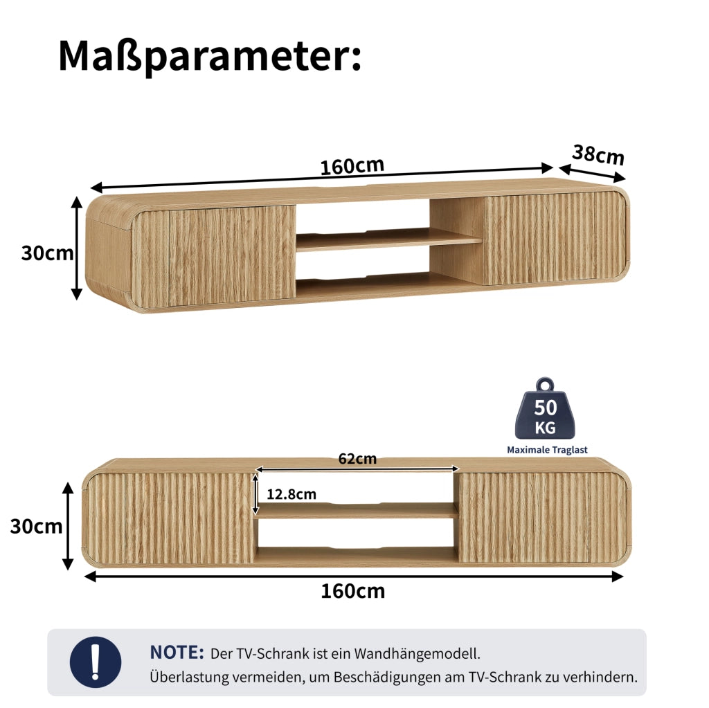 Mobile TV sospeso 160 cm naturale con vani aperti e passacavi