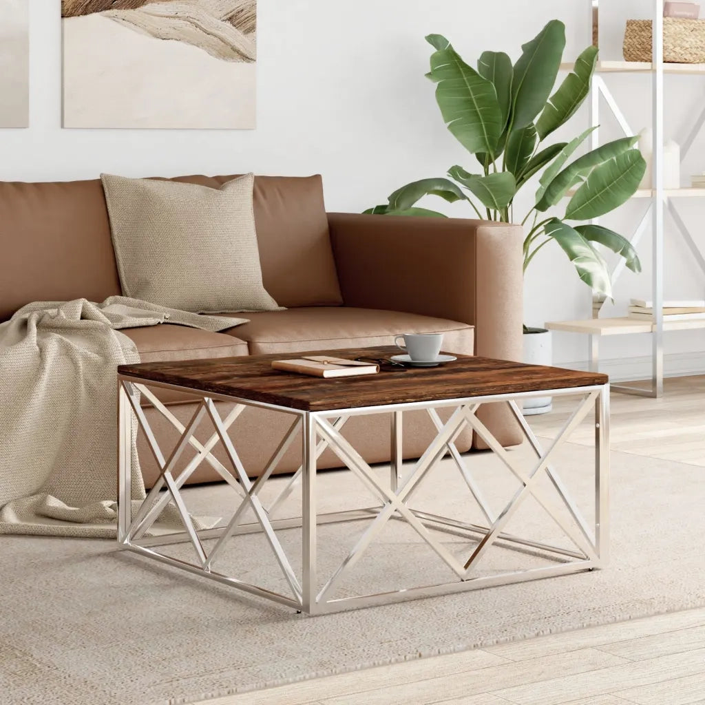 Tavolino salotto | Tavolino da caff¨¨ | Tavolino da Soggiorno in Acciaio Inox e Legno Massello di Recupero
