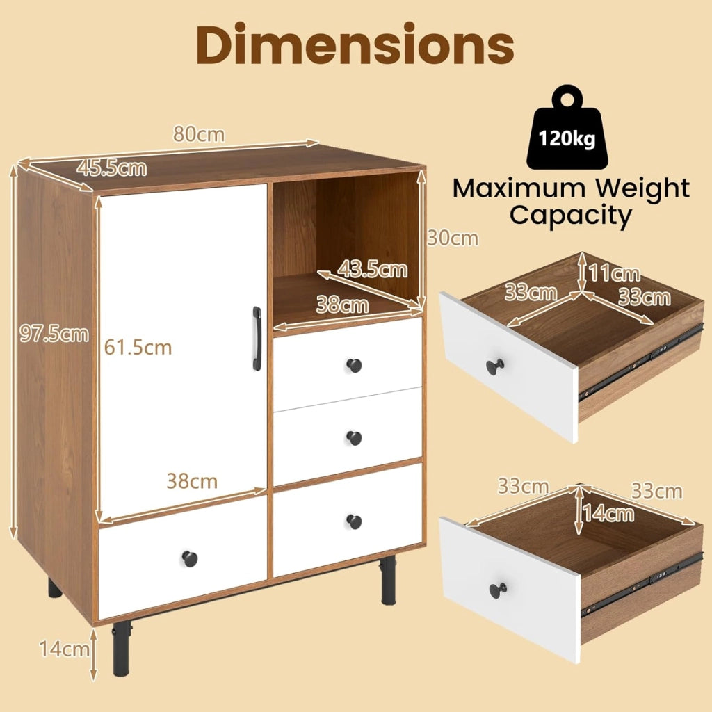 Cassettiera con 4 cassetti, credenza da cucina con piano e vano aperto, credenza da cucina, in legno, 80 x 45,5 x 97,5 cm