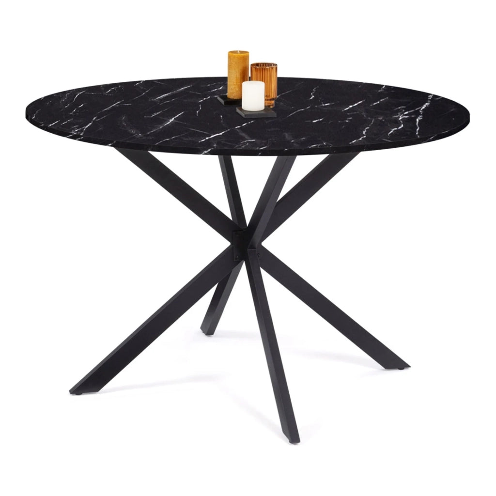 IDMarket - Tavolo da pranzo rotondo per 6 persone ALIX con gamba a ragno nera e piano ALASKA 110 cm effetto marmo nero