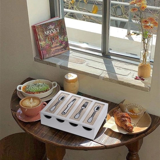 Cassa da cucina in legno con coperchio - Organizzatore da 4 contenitori - Cassetto per utensili - Cucchiai, forchette e coltelli - Bianco - 4 contenitori - Modello non specificato
