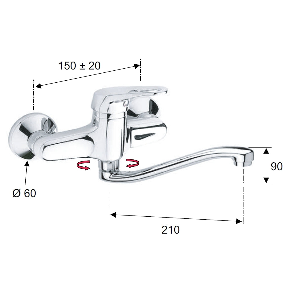 Rubinetto lavello a murocon bocca a s girevole - serie remix