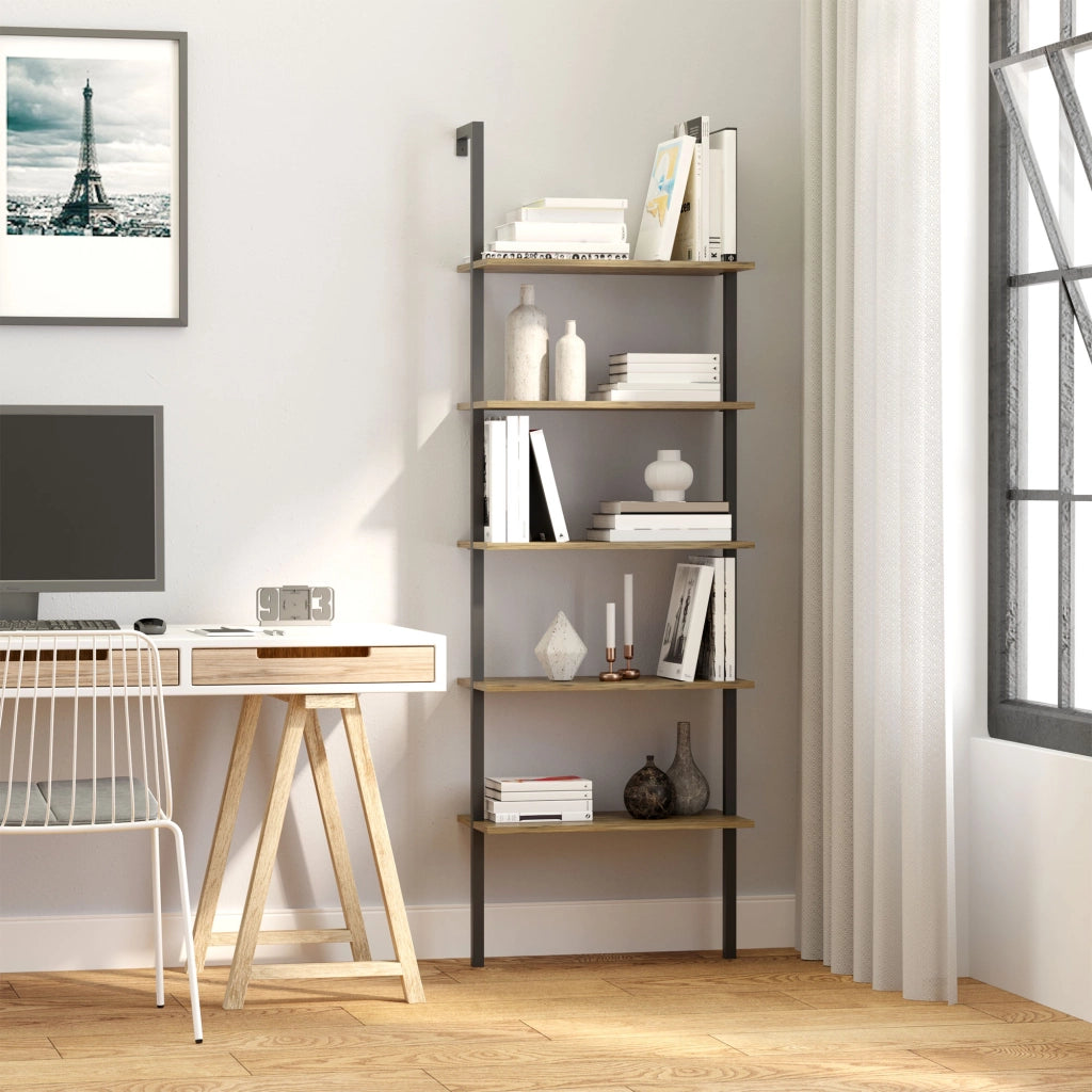 EasyComfort Libreria Moderna a Scala con 5 Ripiani e Dispositivo Antiribaltamento, Design a Muro, in Legno e Metallo, 60x30x184.5 cm, Marrone
