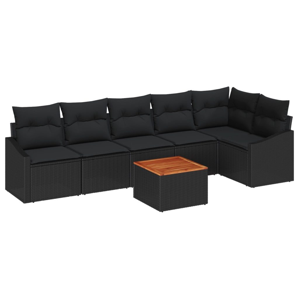 Set Divano da Giardino da 7 Pezzi con Cuscini Nero Polyrattan Acacia