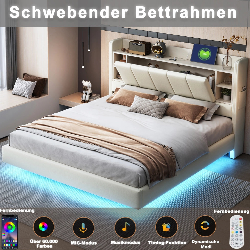 Polsterbett 140x200 cm con LED; USB; testiera ribaltabile e ripiani; beige