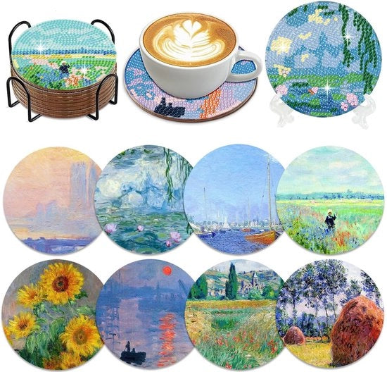 Set di supporti per bicchieri con incisione a diamanti per hobbyisti, Monet, pacchetti di arte per principianti, 8 pezzi.