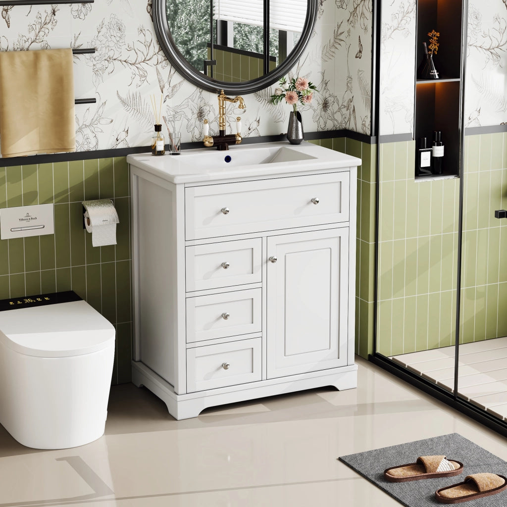 Mobile bagno con lavabo integrato 76¡Á46¡Á87 cm, bianco, freestanding, MDF laccato, 3 cassetti silenziosi, anta e lavabo in ceramica.