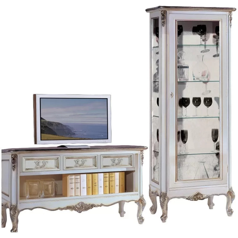Parete attrezzata classica legno shabby bianco argento dx