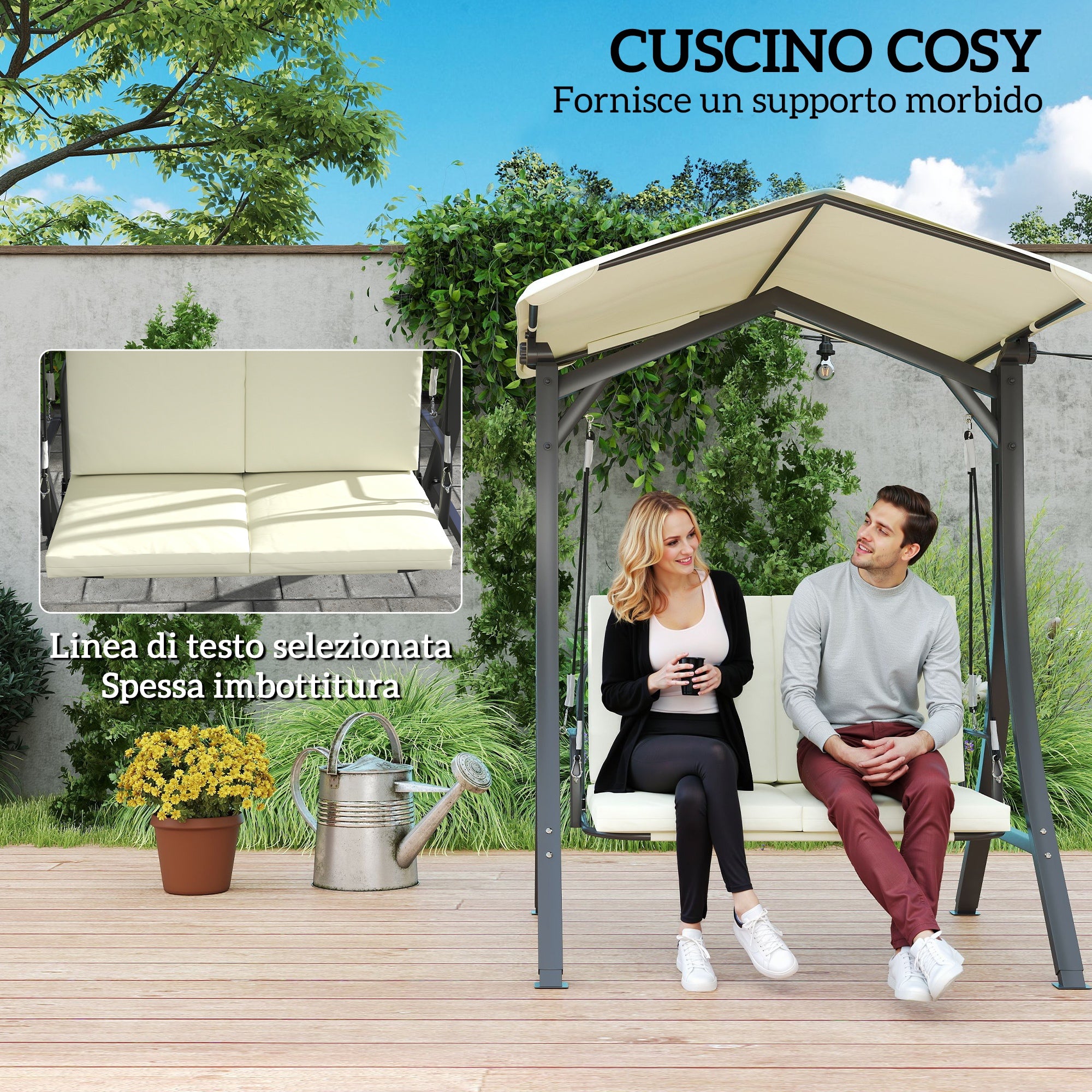 Dondolo da Giardino 2 Posti 150x120x182 cm con Tettuccio Regolabile Crema