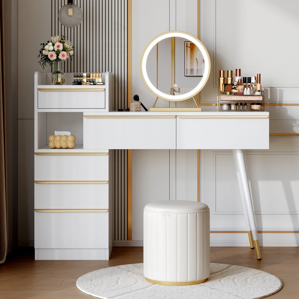 Toeletta con piano estraibile, 6 cassetti, specchio LED dimmerabile e finitura bianca