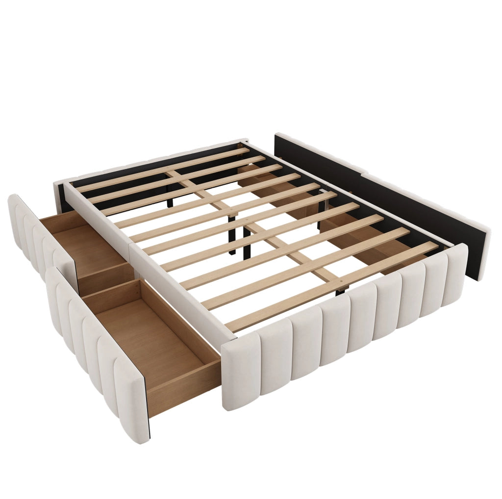 Letto imbottito 140x200 cm con 4 cassetti; senza testiera; velluto beige (Senza materasso)
