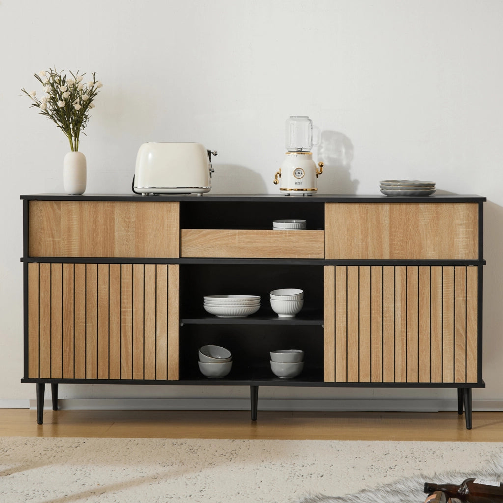 Credenza con 4 ante scorrevoli; 1 cassetto e ripiani regolabili per soggiorno in truciolare nero 160×40×80 cm