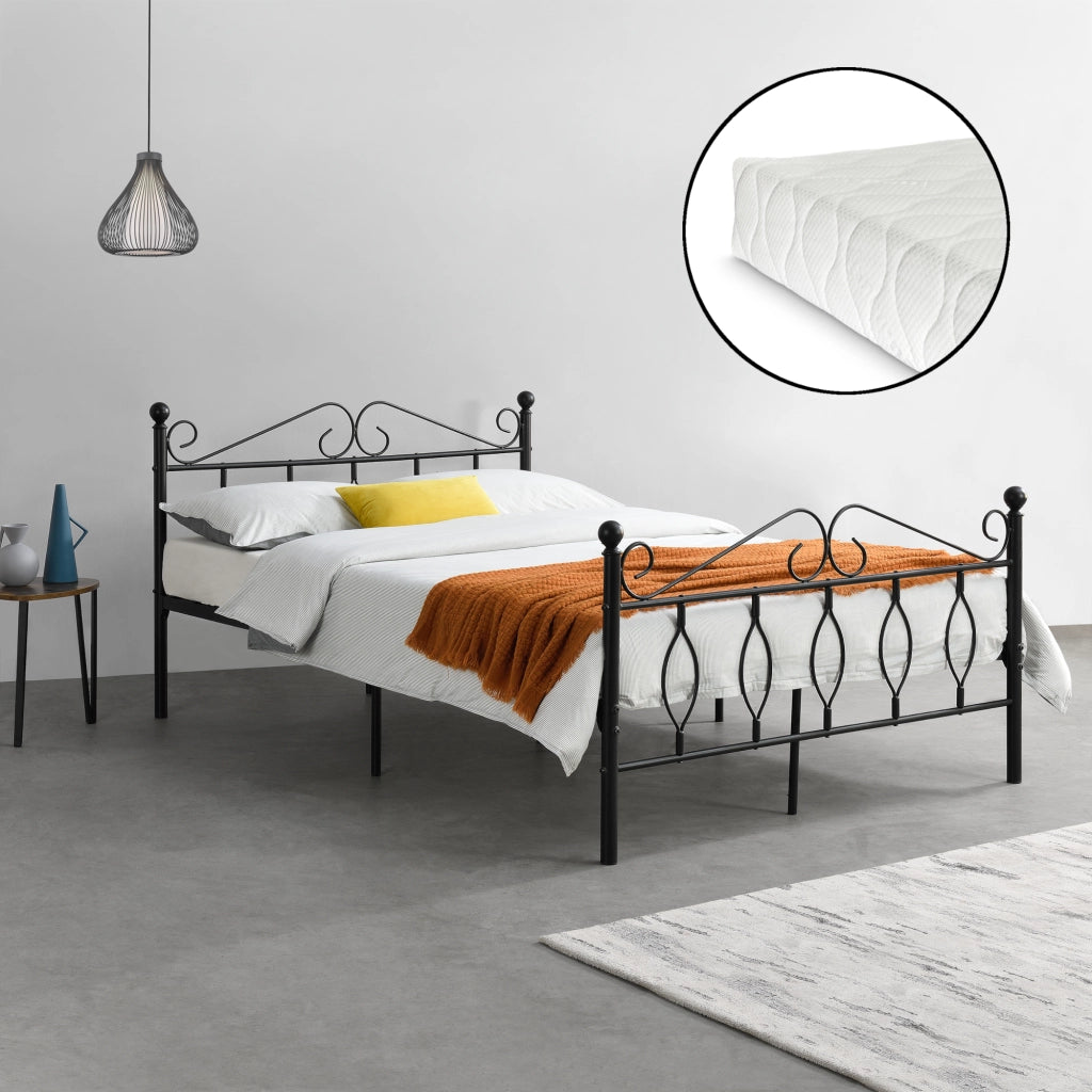 Struttura Letto in Metallo con Testiera e Pediera in Stile Romantico/Classico con Materasso 140 x 200 cm Letto Francese / Matrimoniale - Nero