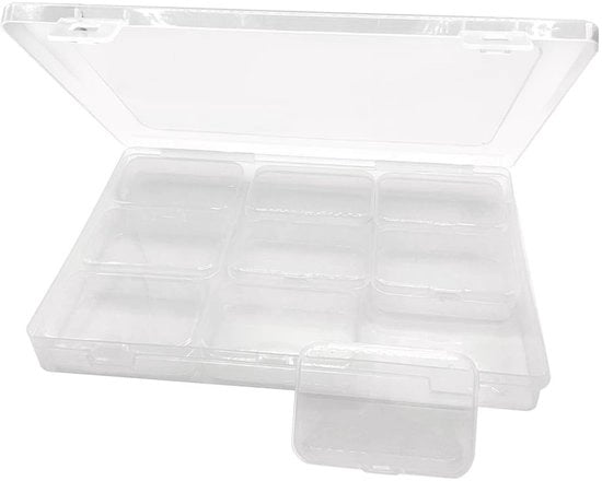 Cassetto di Archiviazione Transparenza - 9 Pezzi + 1 Grande Scatola - Coperchio - Leggero - Ideale per Gioielli/Perle - Scatole di Archiviazione