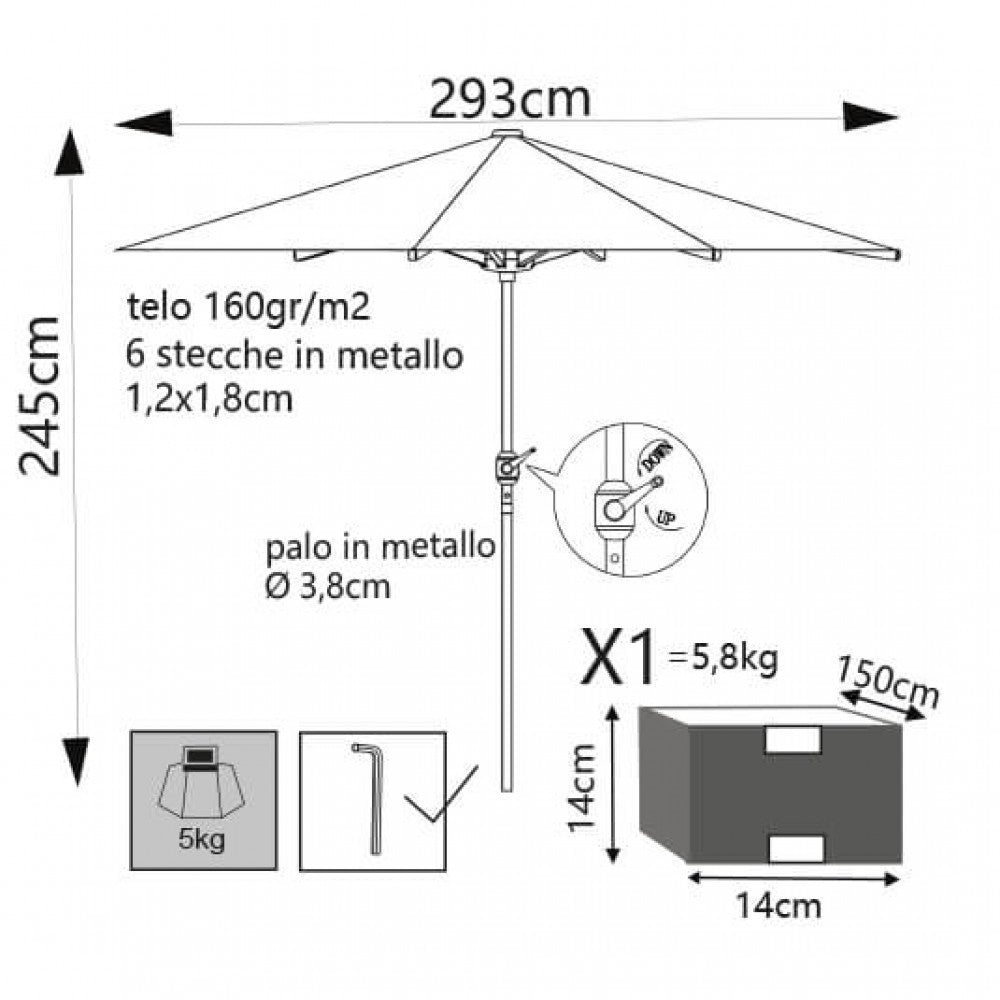 Ombrellone da Giardino Ø3 m Palo Ø48 mm Poly Eco in Acciaio Telo Grigio