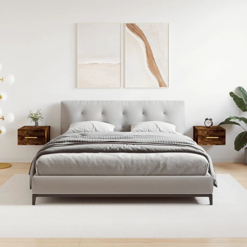 Set di 2 Comodini | Armadio da Notte | Mobiletto da notte a Muro Rovere Fumo 35x35x20 cm