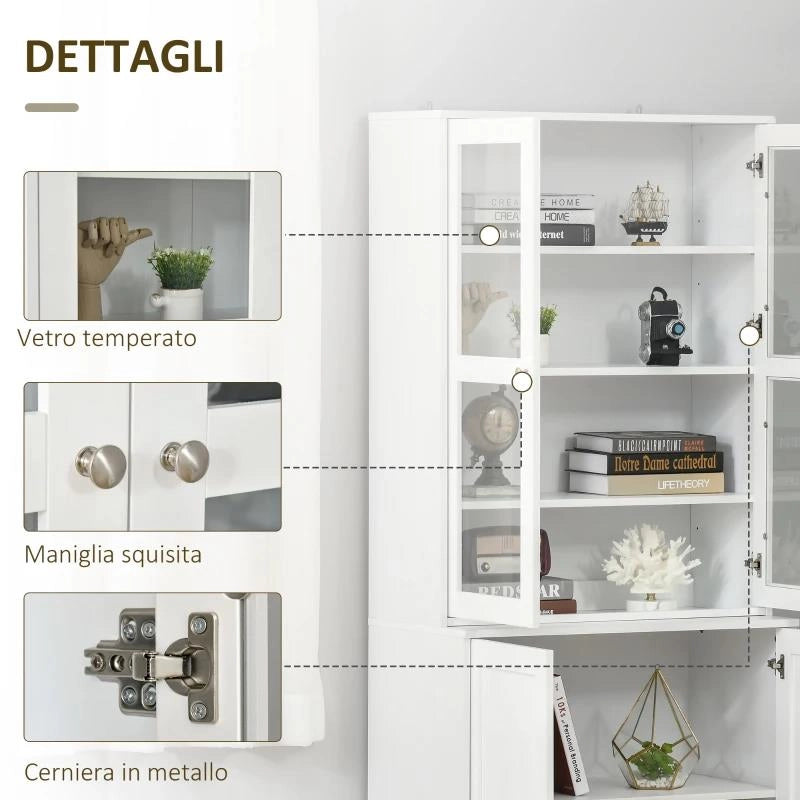 MOBILE LIBRERIA CON 2 ARMADIETTI, RIPIANI REGOLABILI E ANTE IN VETRO, 76X40X178.5 CM, BIANCO