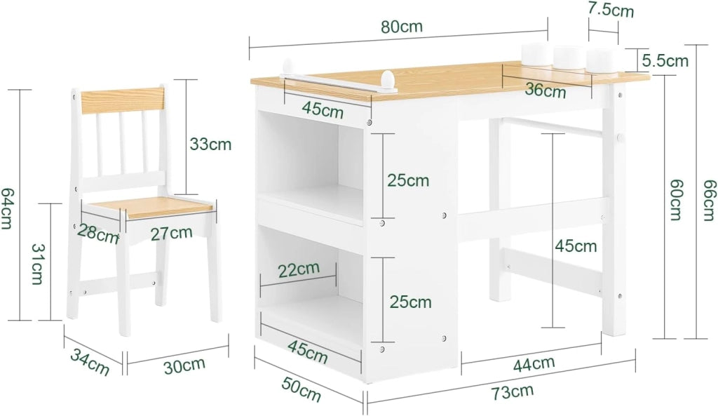 Tavolino Bambini con 1 Sedia, Set Tavolo e Sedie per Bambini Multiattività con 2 Ripiani, Tavolo Disegno e Gioco, Sedia Scrivania Cameretta Bianco e Naturale 80x50x66cm KMB60-WN