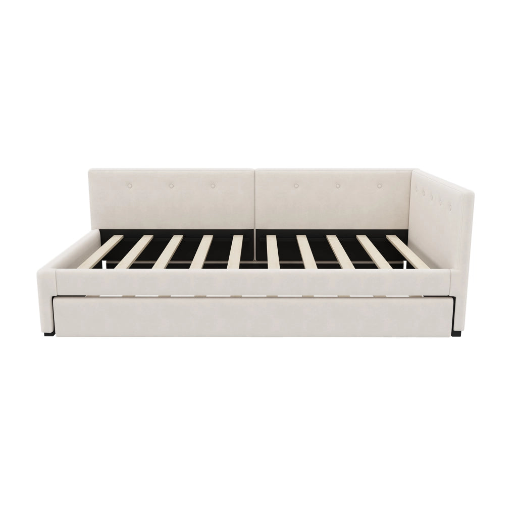 Letto singolo 90x200 cm in velluto beige con letto estraibile, rete a doghe e testiera, senza materasso