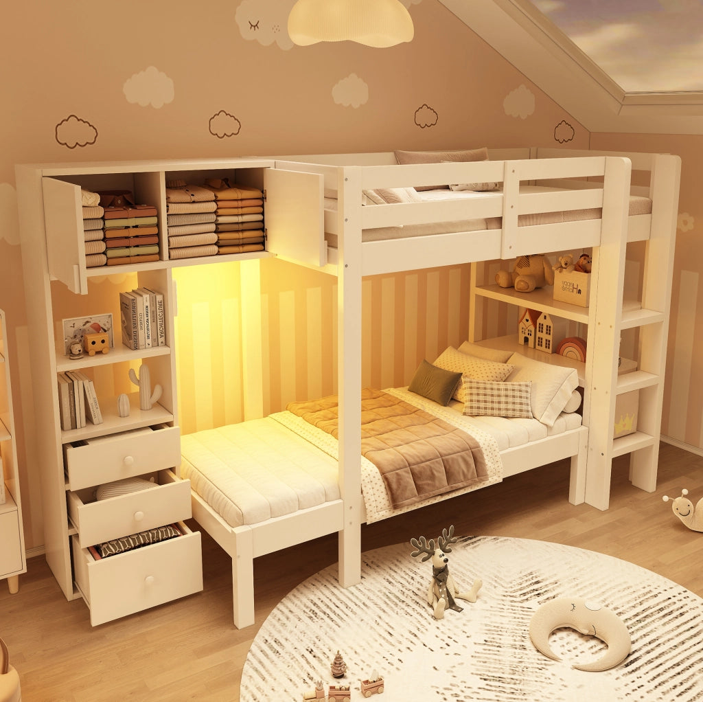 Letto a castello sfalsato 90x200 bianco con armadio e luce LED