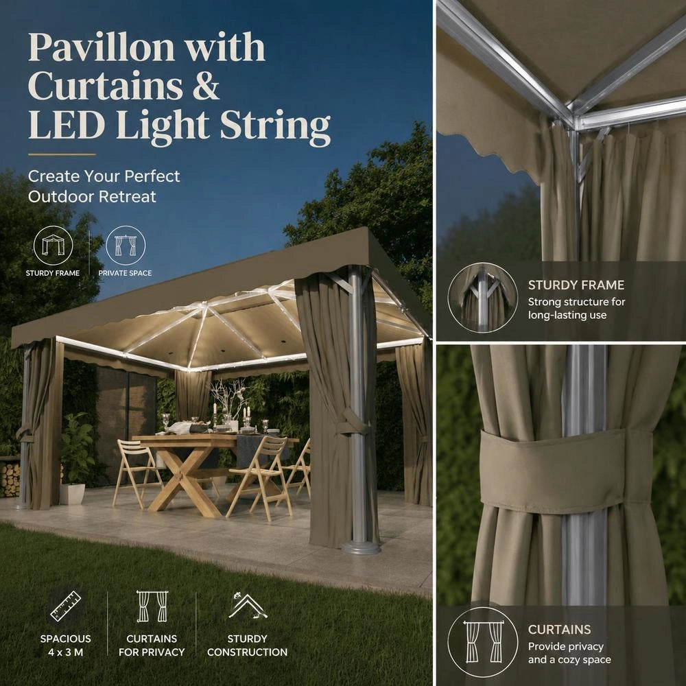 Pavilion With Curtains & LED String Lights 4x3 M Taupe