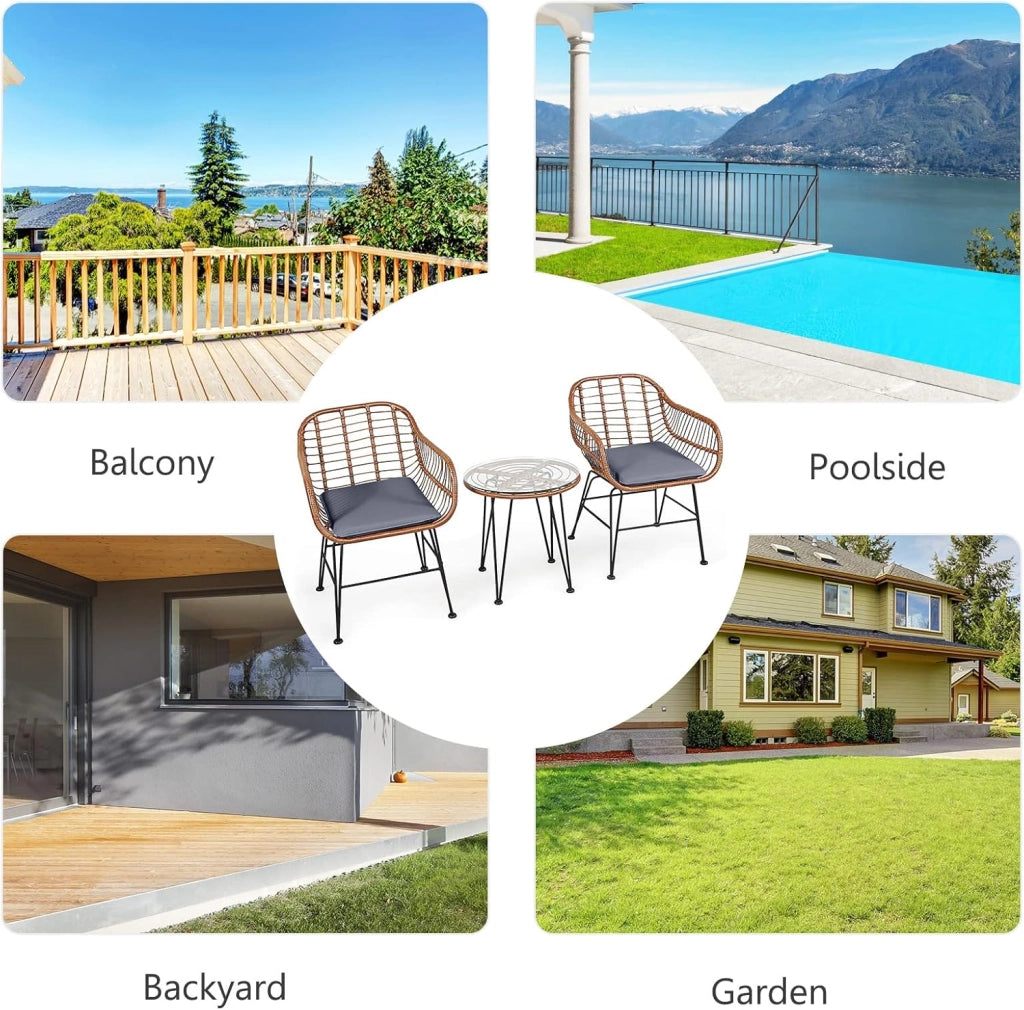 Set di Bistro di Conversazione per Patio, Set di Mobili in Rattan 3 Pezzi con Tavolo Rotondo & 2 Poltrone con Cuscini per Patio, Giardino, Terrazza, Balcone