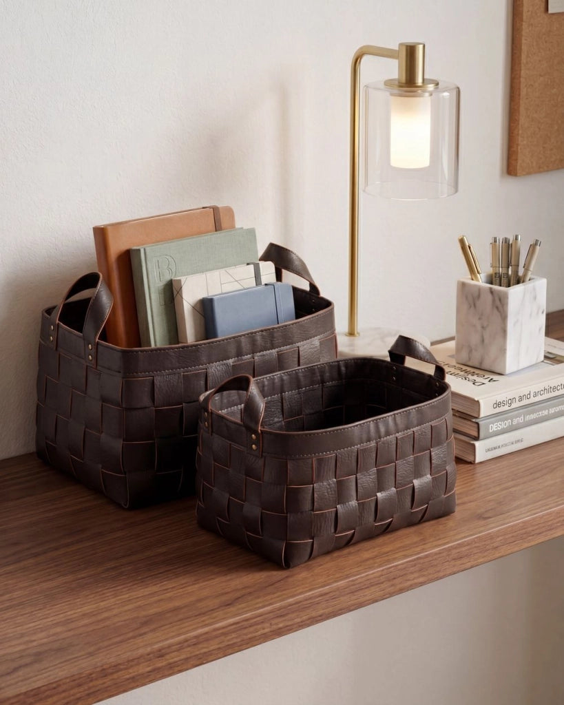 Set di 2 cesti fatti a mano in ecopelle marrone scuro con manici design retrò