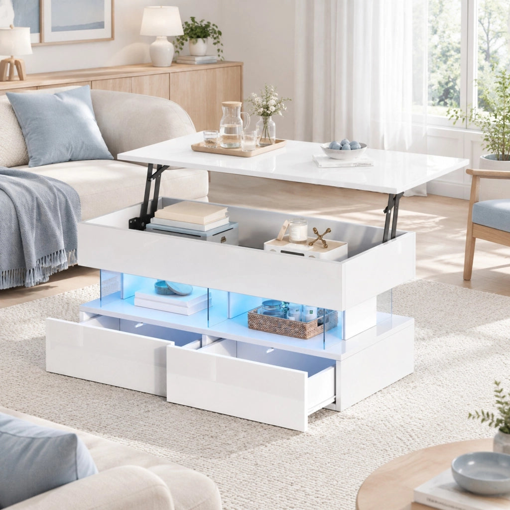 Tavolino elevabile 100 x 50 x 46 cm MDF bianco, vano nascosto, LED, 2 cassetti