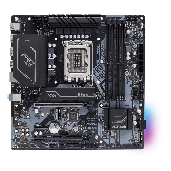 Scheda madre AsRock H670M Pro RS - Supporto processori Intel Socket 1700 12th Gen Intel Core - Ram 4x DDR4 - Hdmi, DisplayPort - RAID 0,1,5,10 - 8x Usb3.2 / 2x Usb2.0 - GLan - Audio HD - Micro-ATX
