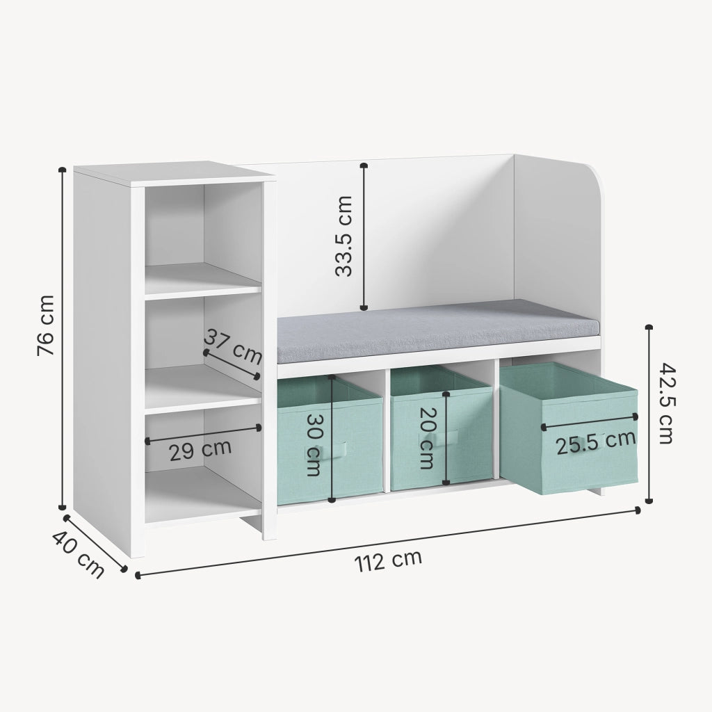 Scaffale per Cameretta Høylandet con Panca Scomparti e Scatole 76 x 112 x 40 cm - Bianco / Verde Menta [en.casa]