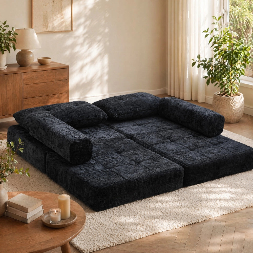 Divano letto pieghevole 79x79x57 cm con cuscini per testa e lombi in chenille nero