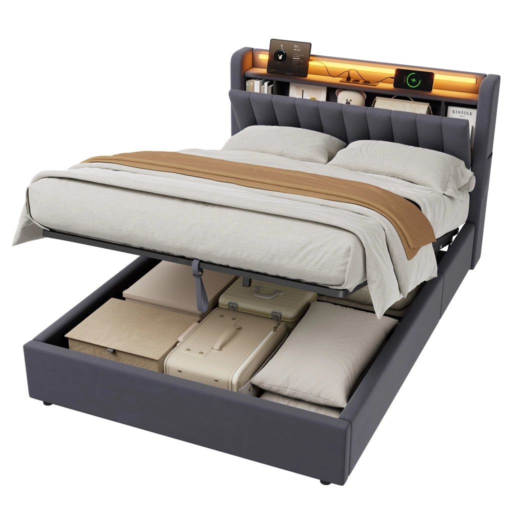 Letto imbottito 140x200 cm in velluto con contenitore, LED e porta USB