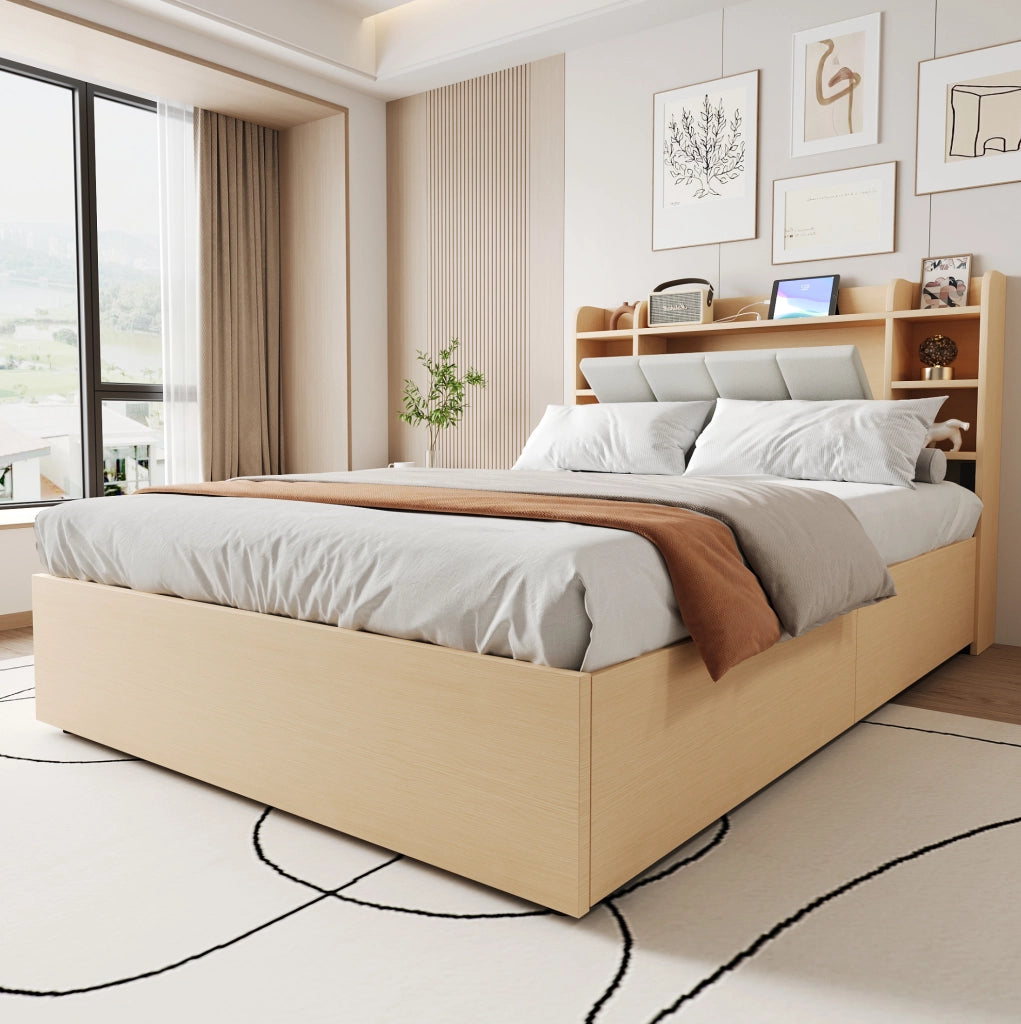 Letto con contenitore idraulico 140x200 cm in MDF; legno naturale; con testiera portaoggetti e USB