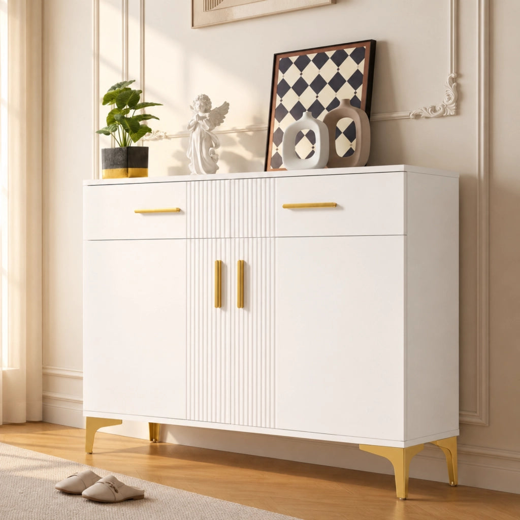 Credenza moderna bianca con 2 ante e 2 cassetti, struttura in MDF, sistema antiribaltamento, 80 x 35 x 79,5 cm