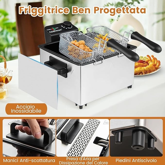 2000W Friggitrice Elettrica in Acciaio Inox 5L, Friggitrice Olio con 3 Cestelli, Temperatura Regolabile Fino a 190 °C e Coperchio Visibile