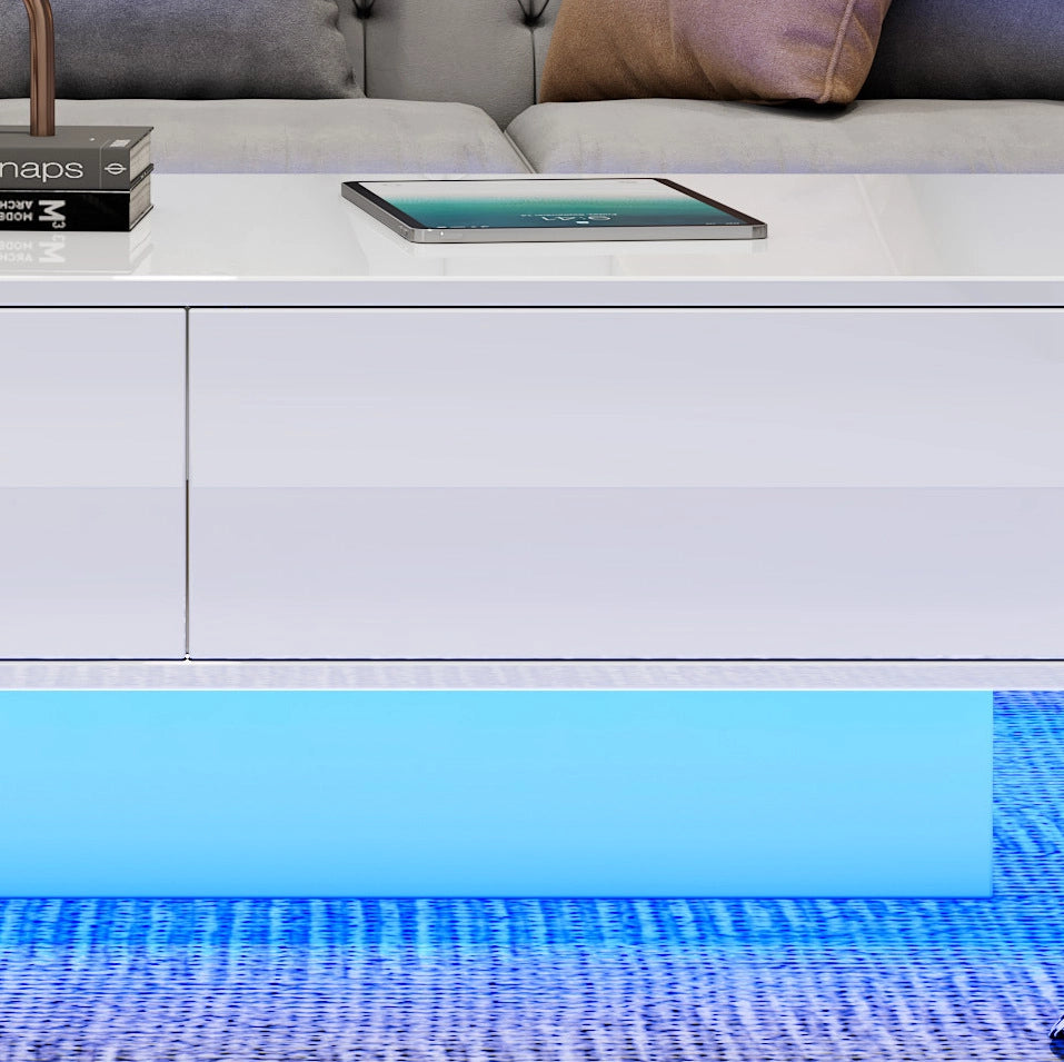 Tavolino da caffè moderno bianco lucido 115 x 55 x 34 cm con 2 cassetti e LED