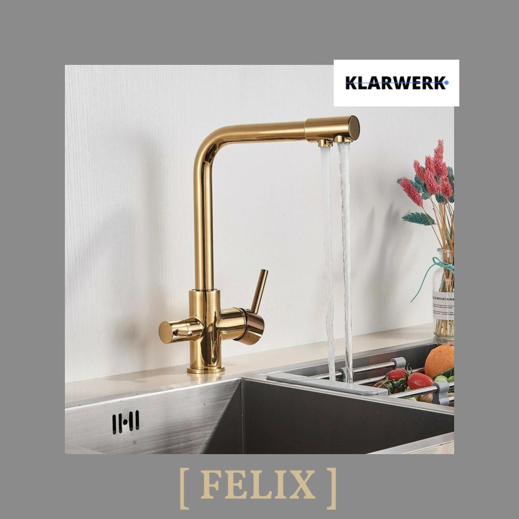 Felix | Rubinetto acqua potabile 3 vie premium oro lucido | rubinetto cucina osmosi acciaio inox | rubinetto miscelatore - 360 gradi|filtro 3 attacchi