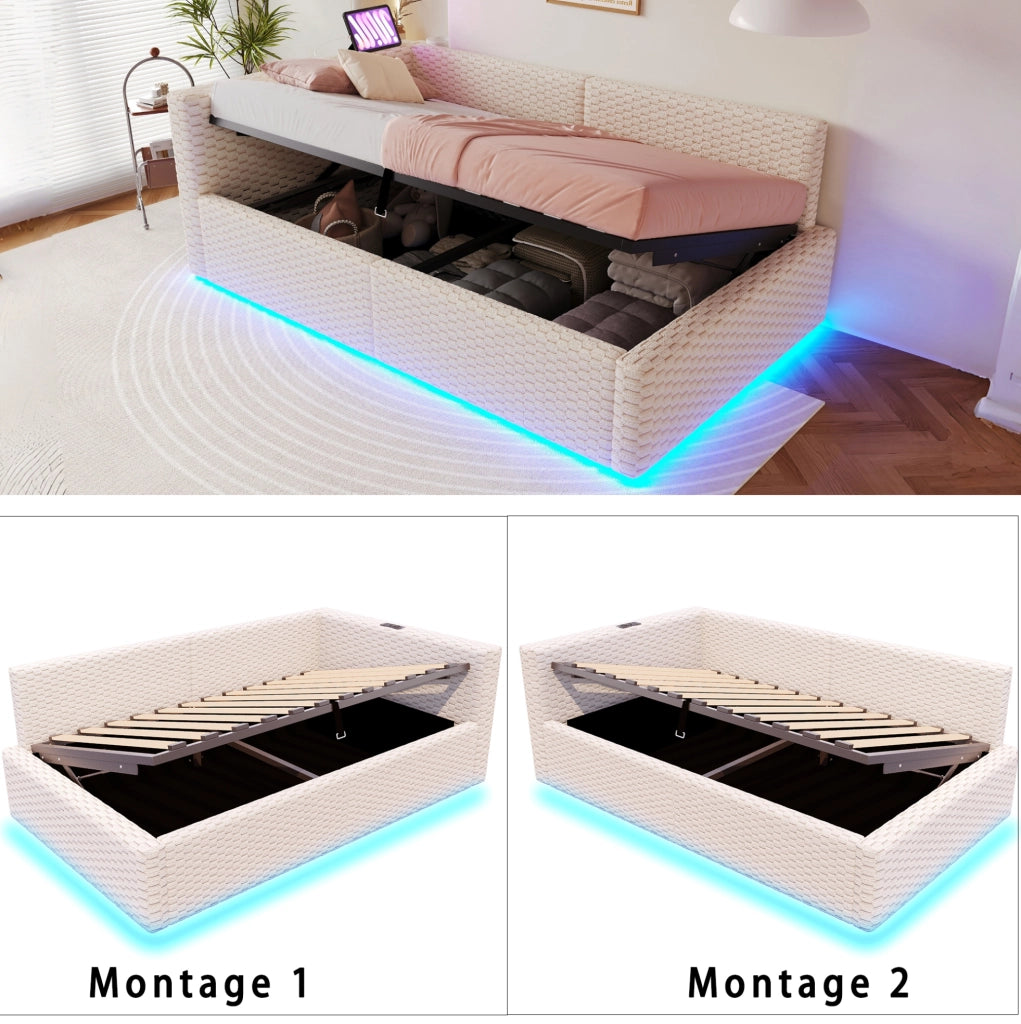 Polsterbett 90x200 cm con contenitore; LED; USB e Type-C; velluto beige