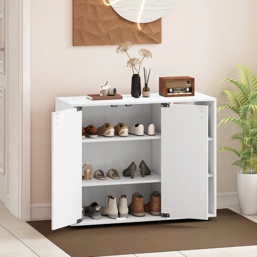 Mobiletto per scarpe con ante in legno autonomo per ingress-Scaffale porta scarpe a 3 ripiani con mensole regolabili Bianco