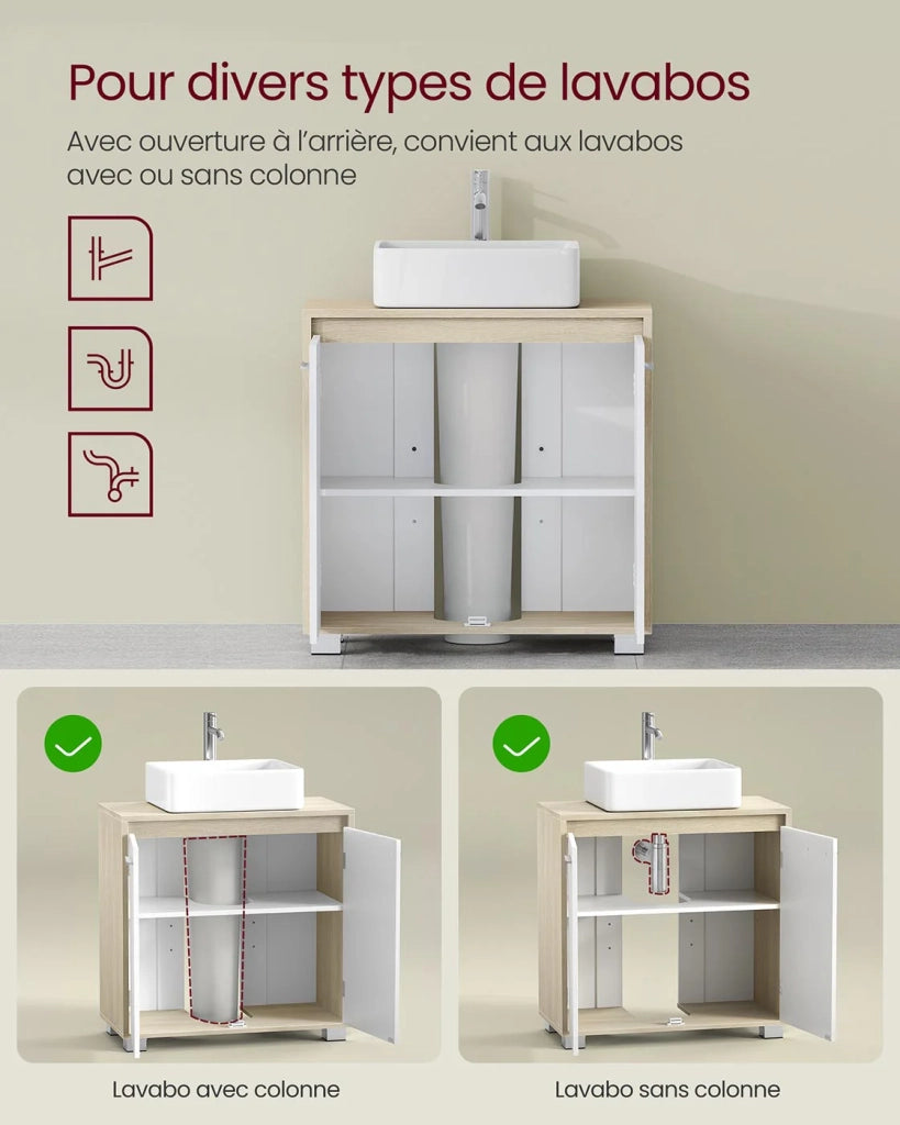 Mobile bagno con 2 vani dietro ante per vari tipi di lavabi con gambe 30 x 60 x 60 cm beige 12_0006534