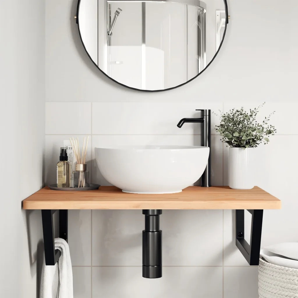 Ripiano a Parete per Lavabo in Acciaio e Massello di Faggio