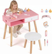 2 in 1 Set Tavolo Manicure per Bambini per Cameretta | Set Toeletta per Bambini con 2 Sedie in Legno con Cassetto e Scomparto, Postazione Trucco per Gioco e Studio, 61 x 35 x 51 cm