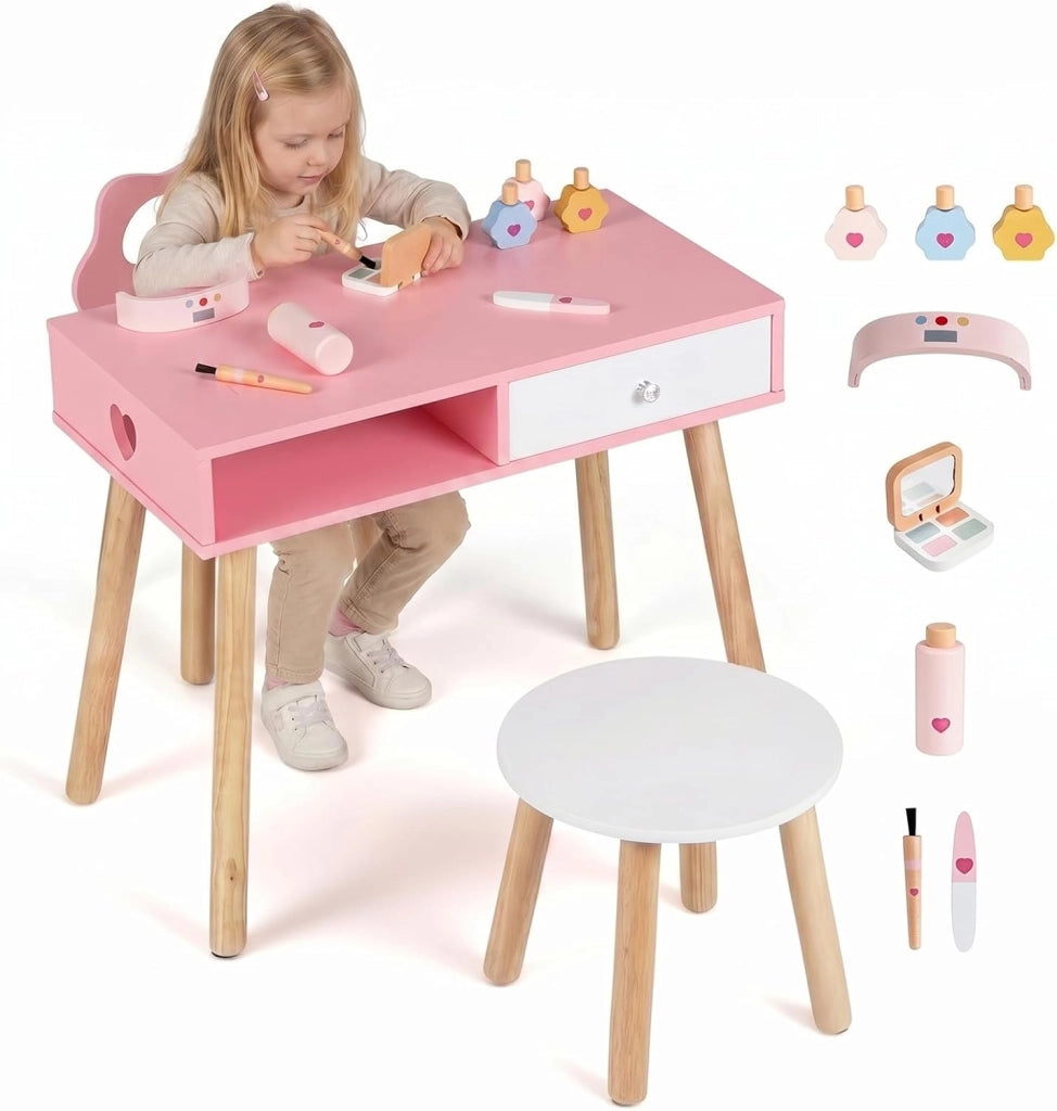 2 in 1 Set Tavolo Manicure per Bambini per Cameretta | Set Toeletta per Bambini con 2 Sedie in Legno con Cassetto e Scomparto, Postazione Trucco per Gioco e Studio, 61 x 35 x 51 cm