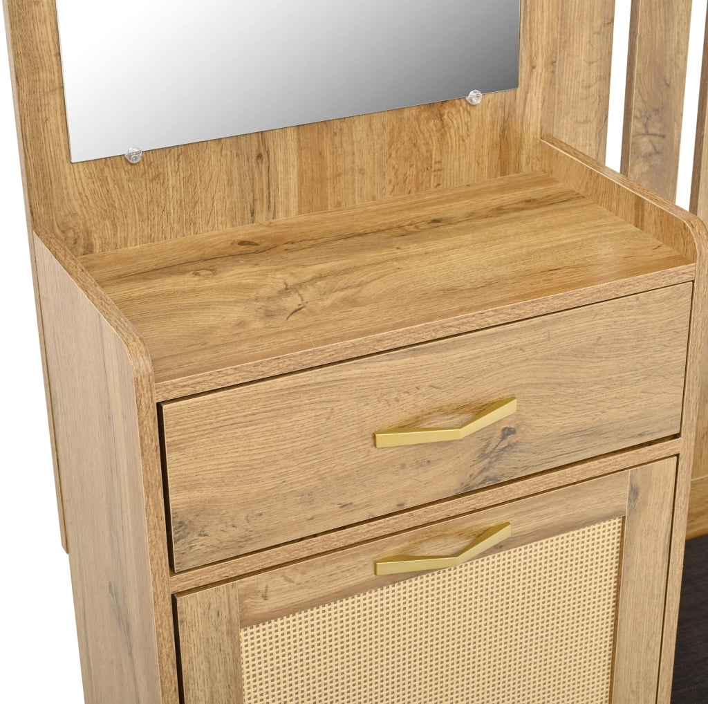 Garderoba da ingresso 99.5x26x180 cm con specchio; pannelli portascarpe ribaltabili e panca imbottita; MDF; naturale