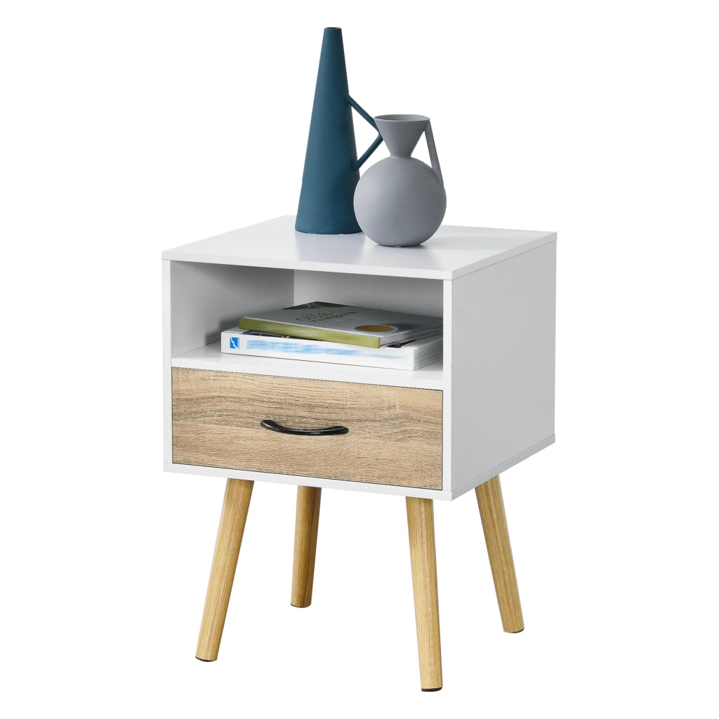 Comodino Gävle con Cassetto e Scomparto Aperto - Bianco / Effetto Rovere [en.casa]