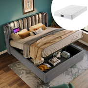 Letto matrimoniale 140x200 cm in velluto grigio con luce da lettura e doppia porta USB