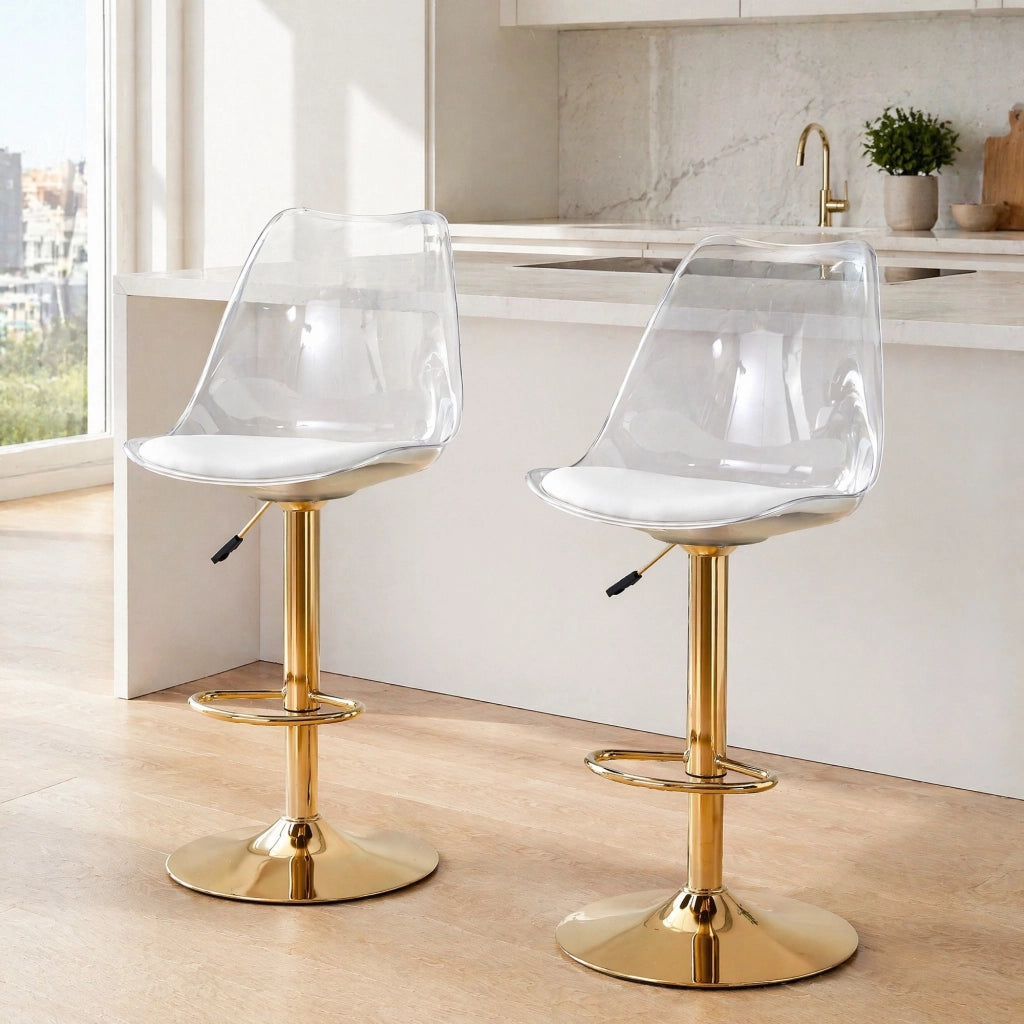 SGABELLI BAR Set da 2 trasparenti con seduta in PU e gambe oro