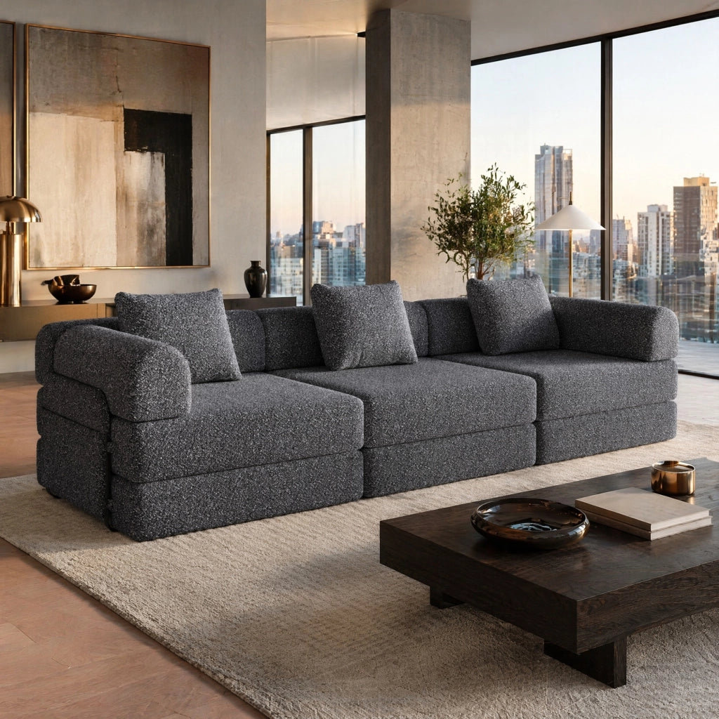 DIVANO LETTO Singolo in Chenille Grigio con vano nel bracciolo