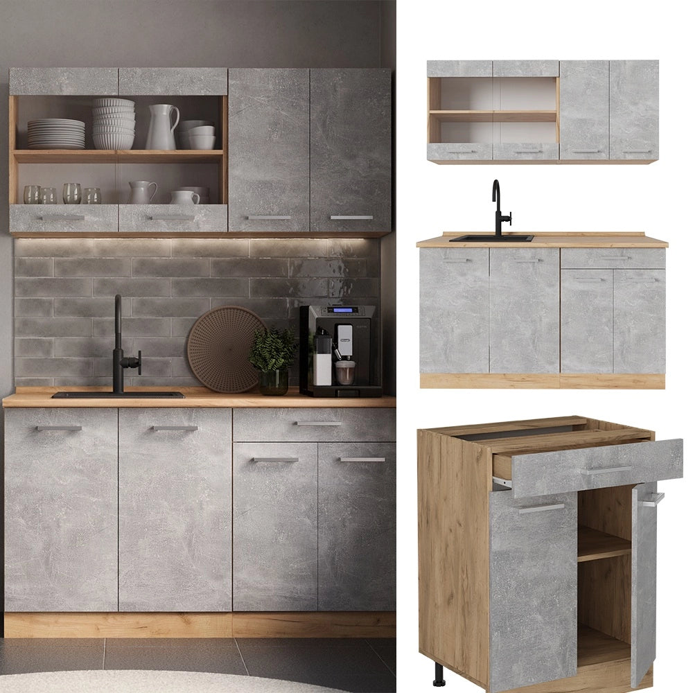 Vicco Cucina monoblocco Calcestruzzo/quercia dorata 140 cm , PL Rovere